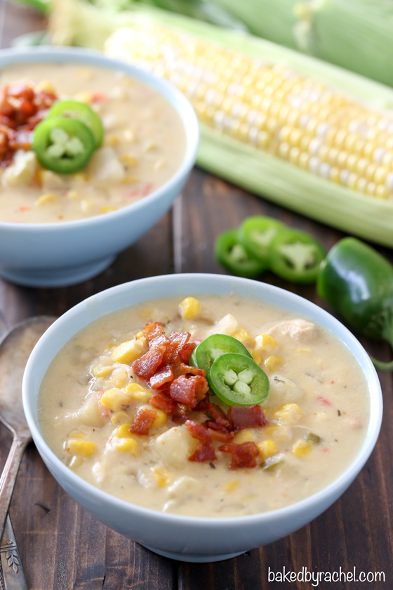 Easy slow cooker chicken and corn chowder recipe from @bakedbyrachel