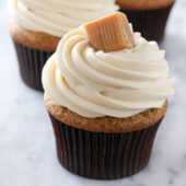 Moist apple butter cupcakes with caramel cream cheese frosting recipe from @bakedbyrachel