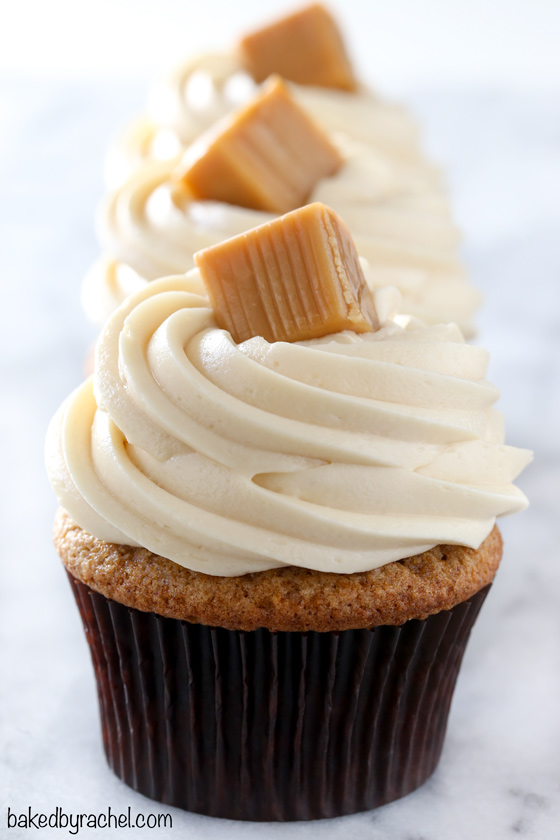 Moist apple butter cupcakes with caramel cream cheese frosting recipe from @bakedbyrachel