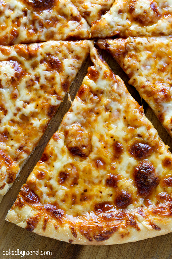 Easy homemade classic three cheese pizza recipe from @bakedbyrachel