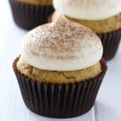 Moist pumpkin cupcakes with brown sugar cream cheese frosting recipe from @bakedbyrachel
