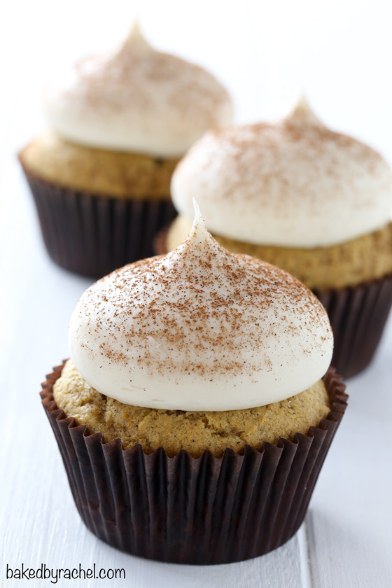 Moist pumpkin cupcakes with brown sugar cream cheese frosting recipe from @bakedbyrachel