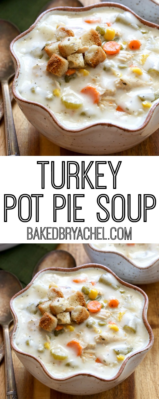 Slow cooker leftover Thanksgiving turkey pie soup recipe from @bakedbyrachel