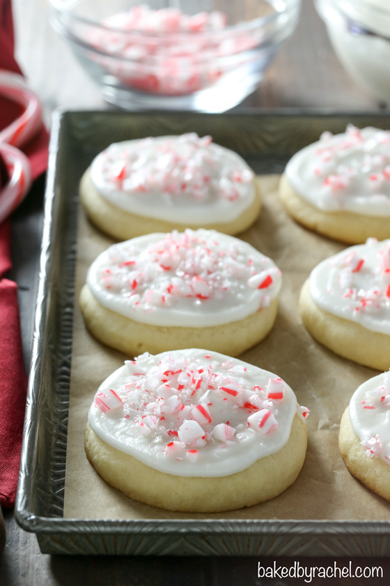 Peppermint frosted soft batch sugar cookie recipe from @bakedbyrachel A Lofthouse style cookie!
