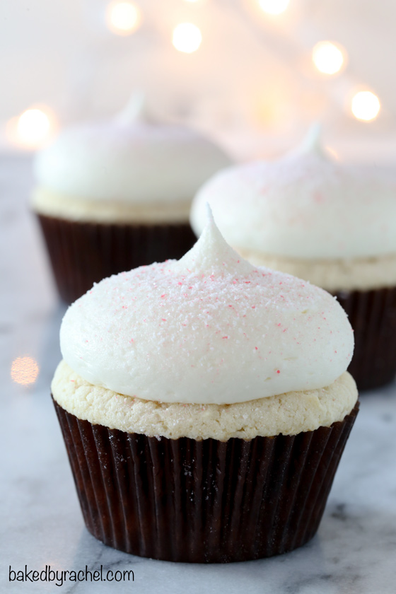 Moist homemade white chocolate cupcakes with white chocolate peppermint cream cheese frosting recipe from @bakedbyrachel