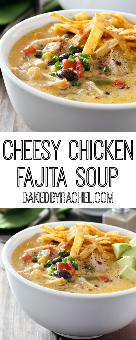 Cheesy slow cooker chicken fajita soup recipe from @bakedbyrachel