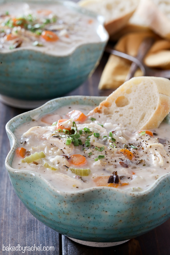 Creamy slow cooker chicken and wild rice soup recipe from @bakedbyrachel 