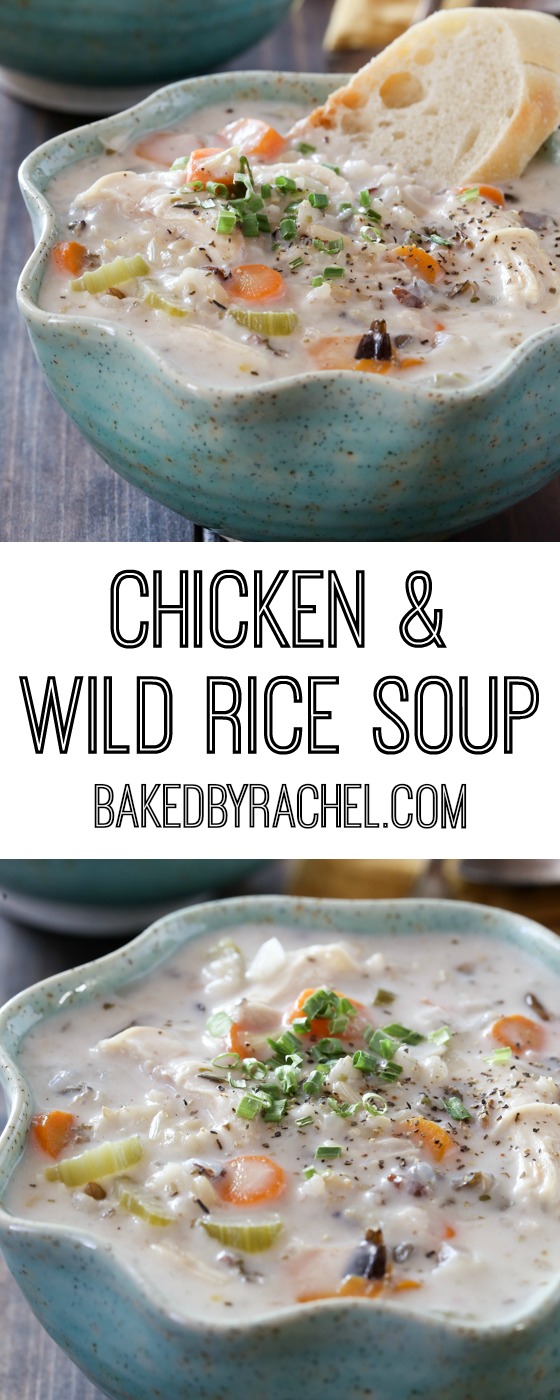 Creamy slow cooker chicken and wild rice soup recipe from @bakedbyrachel 
