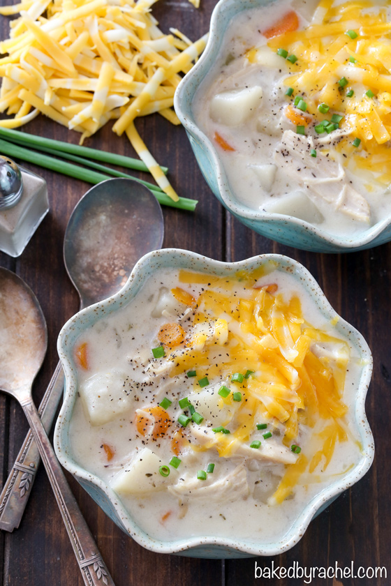 Creamy slow cooker chicken and potato soup recipe from @bakedbyrachel