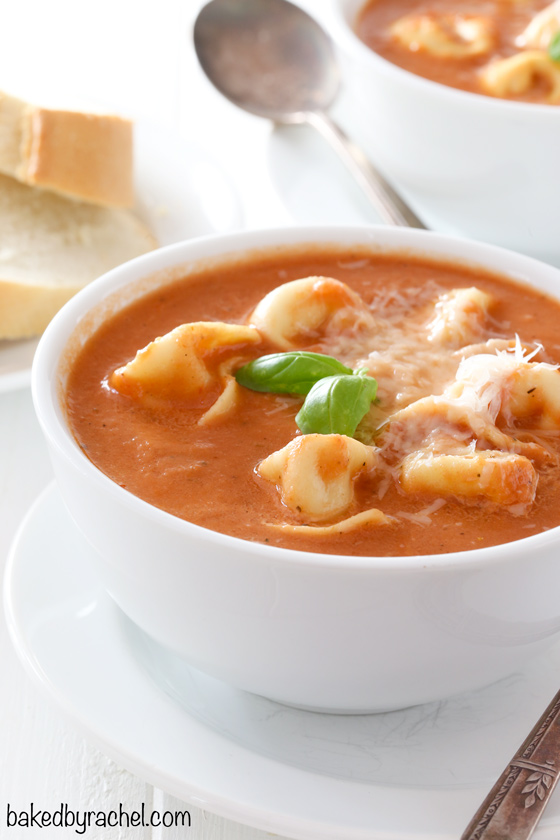Creamy homemade slow cooker tomato and cheese tortellini soup recipe from @bakedbyrachel