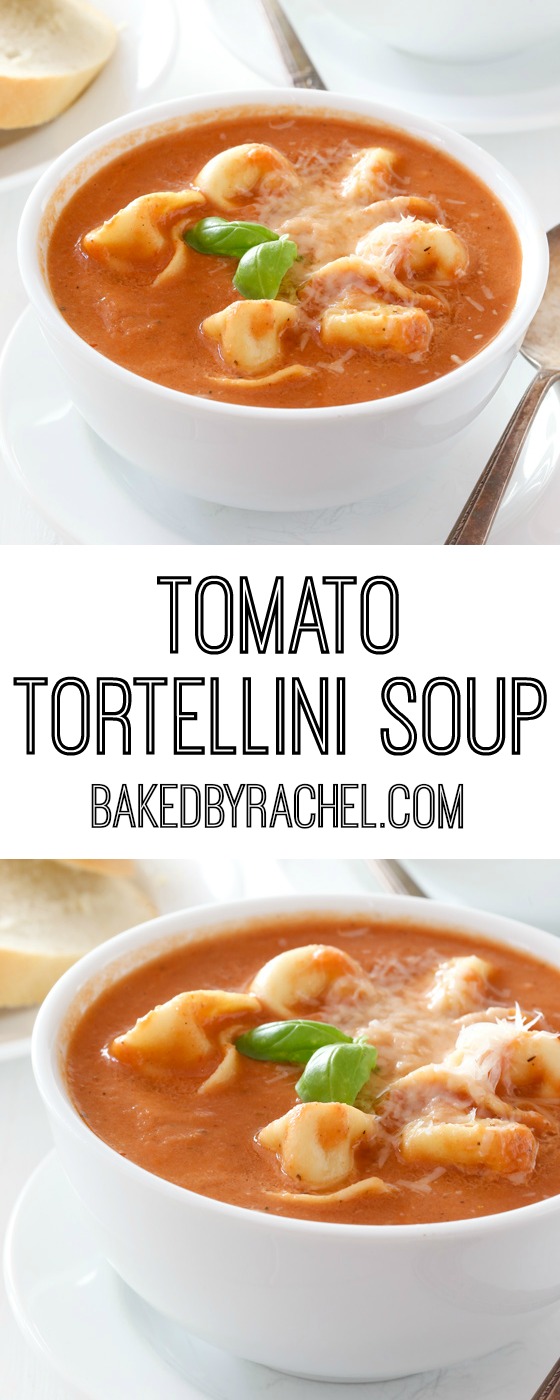 Creamy homemade slow cooker tomato and cheese tortellini soup recipe from @bakedbyrachel