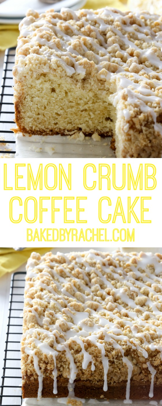 Moist lemon crumb coffee cake with sweet lemon glaze recipe from @bakedbryachel