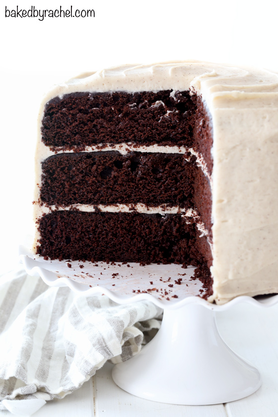 Moist Guinness chocolate layer cake with creamy brown sugar cinnamon cream cheese frosting recipe from @bakedbyrachel