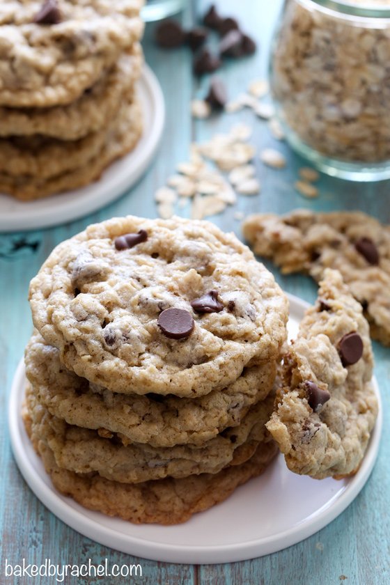 Soft and chewy oatmeal chocolate chip cookie recipe from @bakedbyrachel