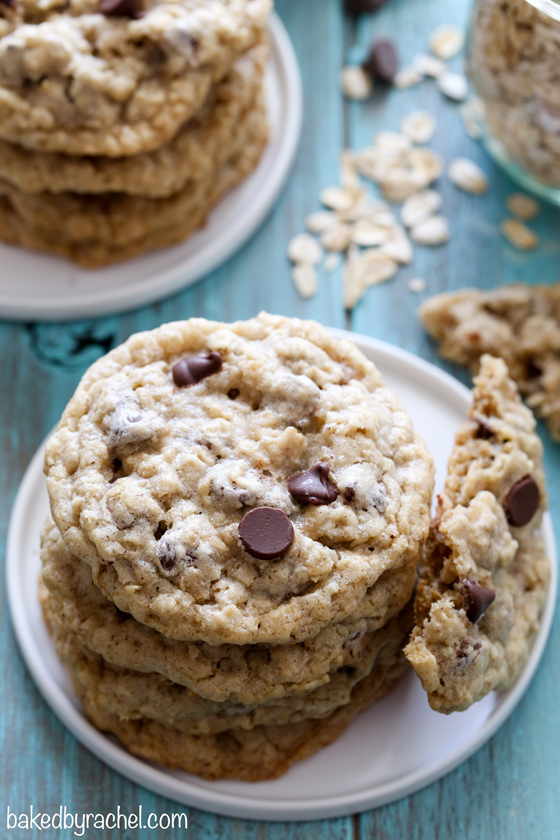 Soft and chewy oatmeal chocolate chip cookie recipe from @bakedbyrachel