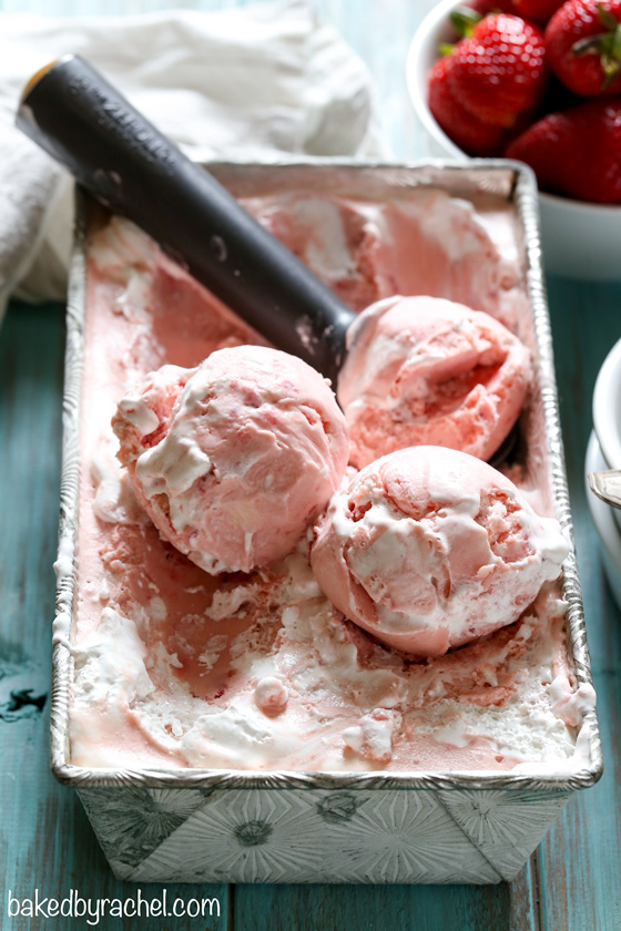 Creamy homemade strawberry meringue ice cream recipe from @bakedbyrachel