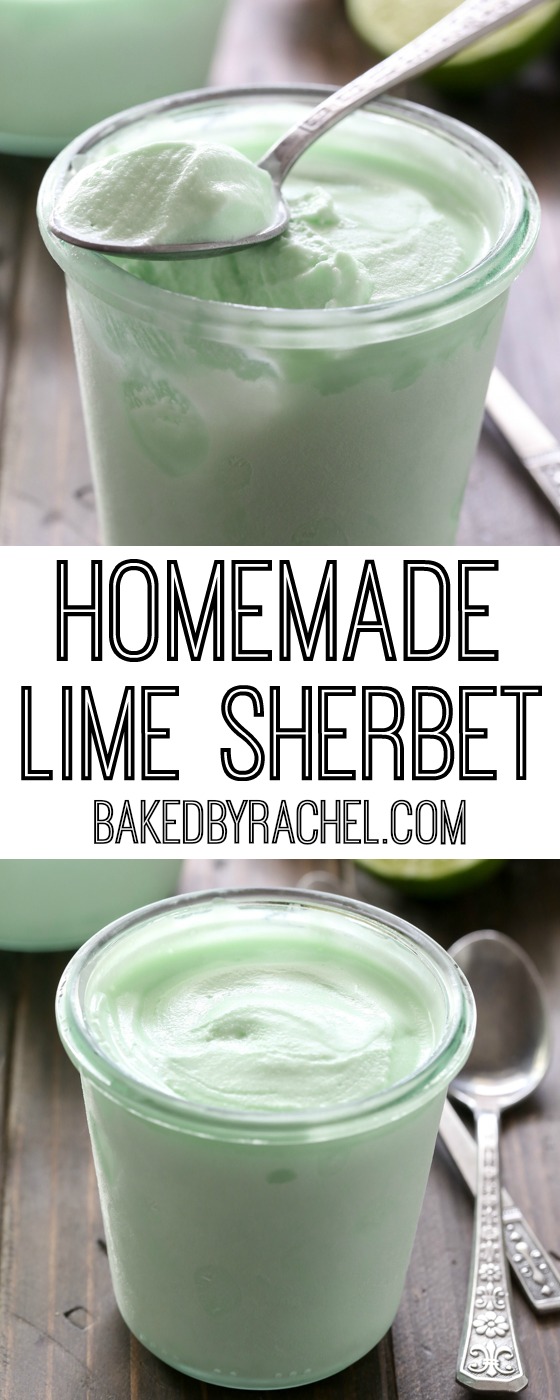 Creamy homemade lime sherbet recipe from @bakedbyrachel