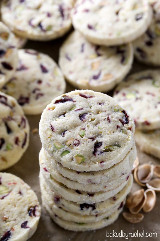 Light and flavorful slice and bake cranberry pistachio cookie recipe from @bakedbyrachel