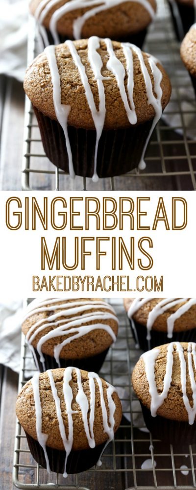Moist gingerbread muffins with a sweet vanilla glaze. Recipe from @bakedbyrachel