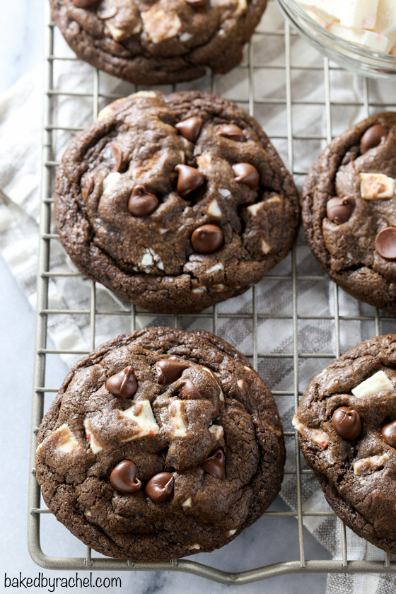 Soft and chewy triple chocolate peppermint bark cookie recipe from @bakedbyrachel