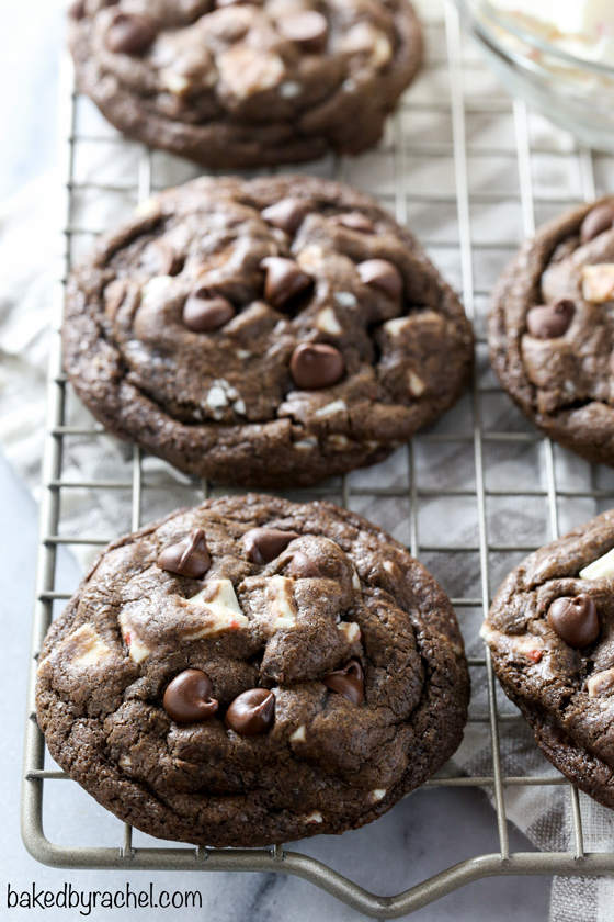 Soft and chewy triple chocolate peppermint bark cookie recipe from @bakedbyrachel