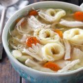 Slow cooker chicken and cheese tortellini soup recipe from @bakedbyrachel