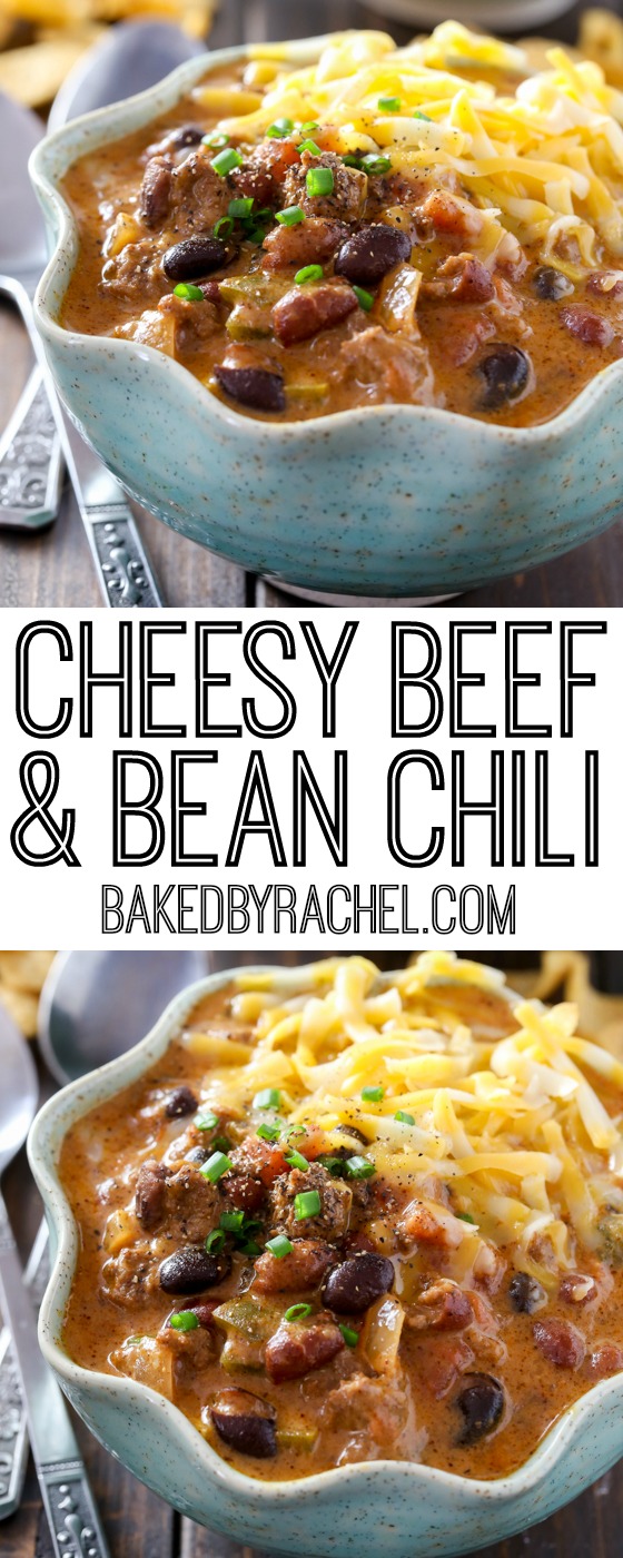 Hearty slow cooker cheesy beef and bean nacho chili recipe from @bakedbyrachel