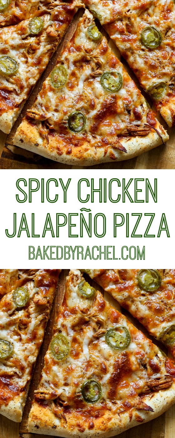 Easy homemade thin crust three cheese spicy chicken and jalapeño pizza recipe from @bakedbyrachel
