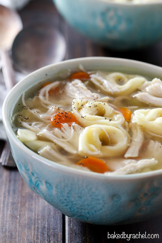 Slow cooker chicken and cheese tortellini soup recipe from @bakedbyrachel
