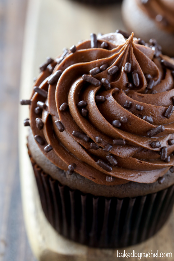 Moist chocolate cupcakes with chocolate cream cheese frosting recipe from @bakedbyrachel