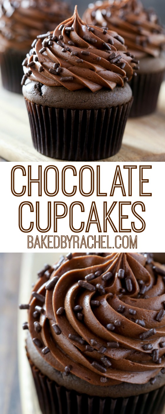 Moist chocolate cupcakes with chocolate cream cheese frosting recipe from @bakedbyrachel