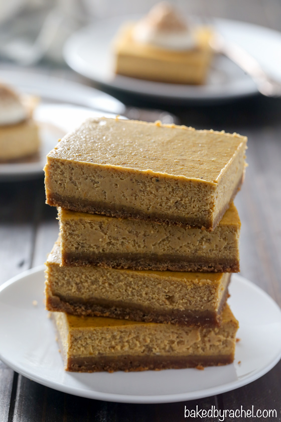 Creamy homemade pumpkin pie cheesecake bar recipe from @bakedbyrachel