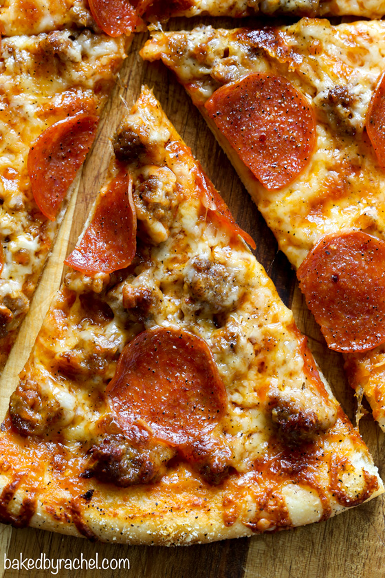 Easy thin crust three cheese spicy sausage and pepperoni pizza recipe from @bakedbyrachel