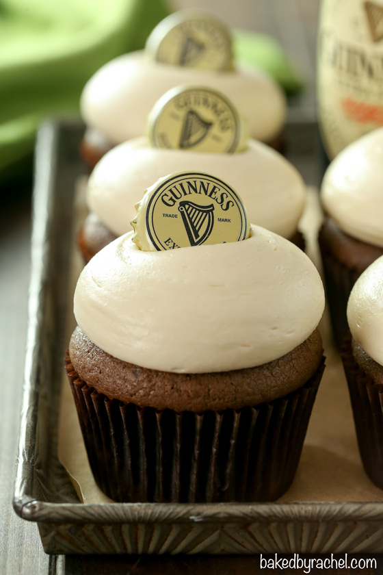 Moist homemade Guinness chocolate cupcakes with creamy Baileys brown sugar cream cheese frosting recipe from @bakedbyrachel A must make for St Patrick's day celebrations!