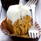 Moist homemade carrot cake cupcakes with cream cheese frosting recipe from @bakedbyrachel