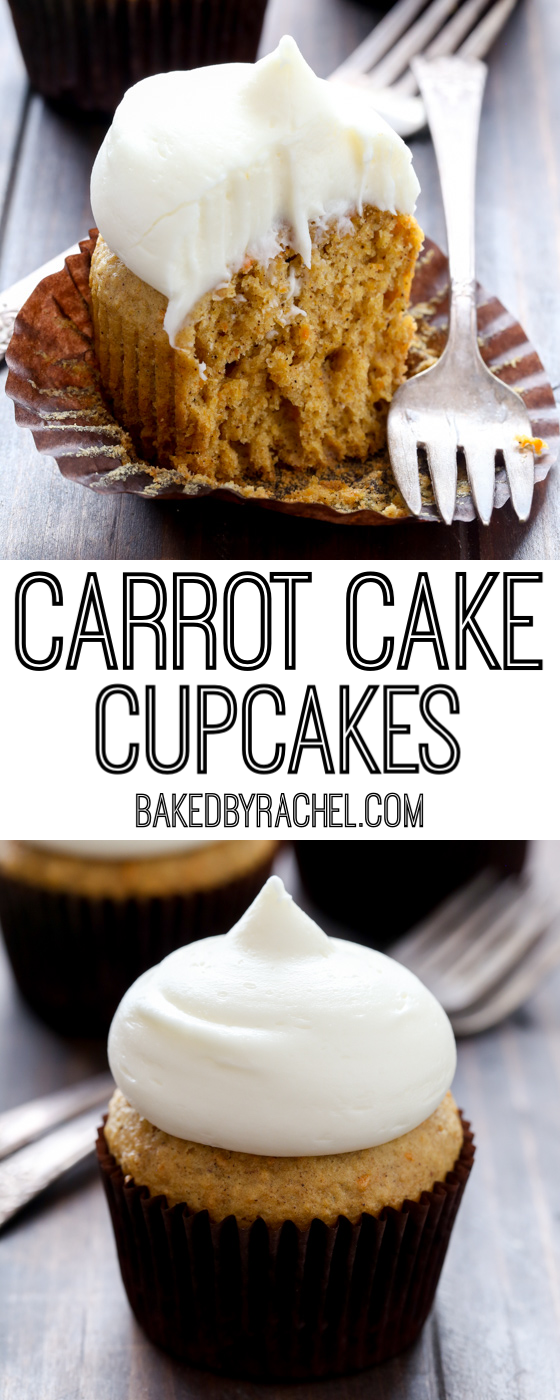 Moist homemade carrot cake cupcakes with cream cheese frosting recipe from @bakedbyrachel 