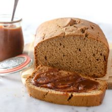 Easy homemade moist cinnamon apple butter bread recipe from @bakedbyrachel. A perfect Fall quick-bread recipe, packed full of amazing flavors!