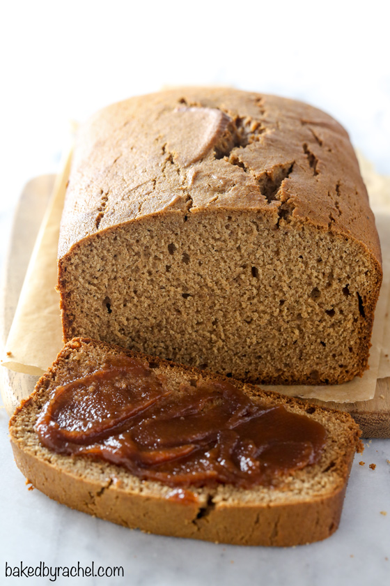 Easy homemade moist cinnamon apple butter bread recipe from @bakedbyrachel. A perfect Fall quick-bread recipe, packed full of amazing flavors!