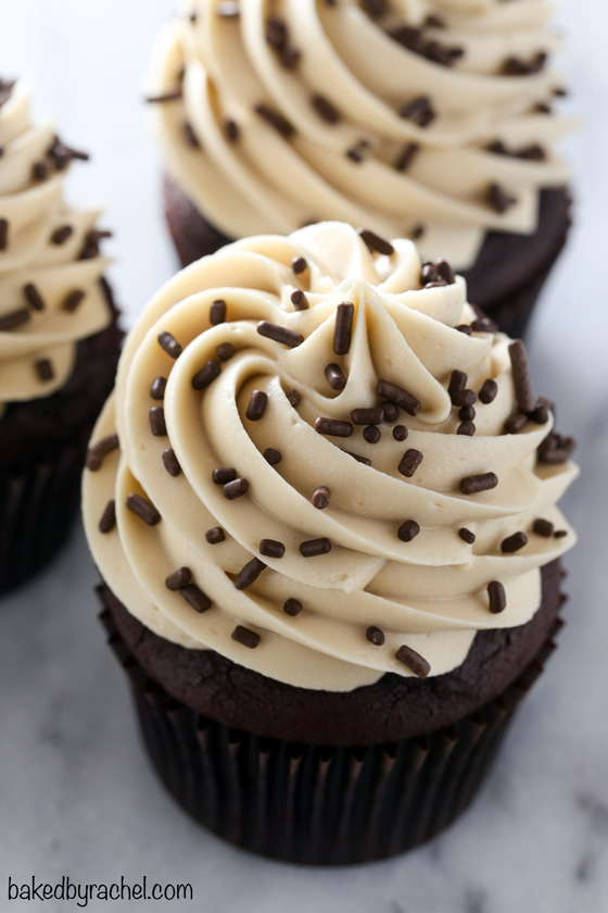 Moist and fluffy homemade dark chocolate cupcakes with coffee cream cheese frosting recipe from @bakedbyrachel