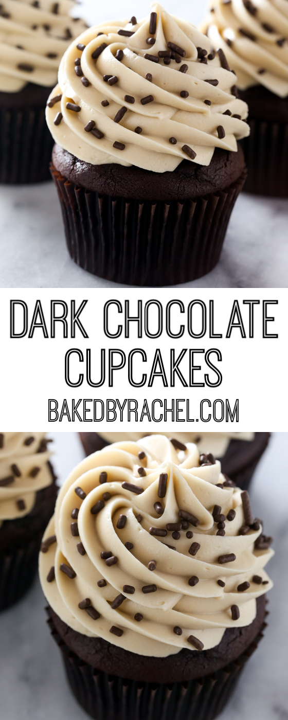 Moist and fluffy homemade dark chocolate cupcakes with coffee cream cheese frosting recipe from @bakedbyrachel