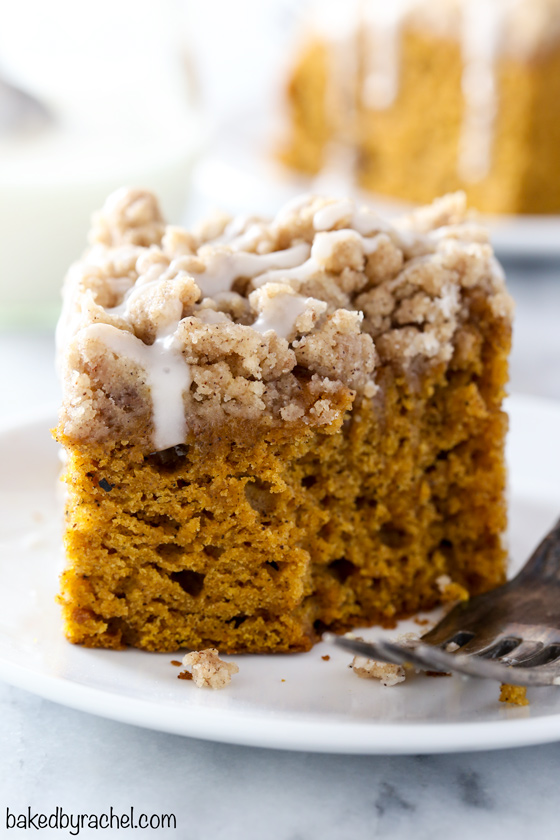 Moist cinnamon streusel pumpkin coffee cake recipe from @bakedbyrachel