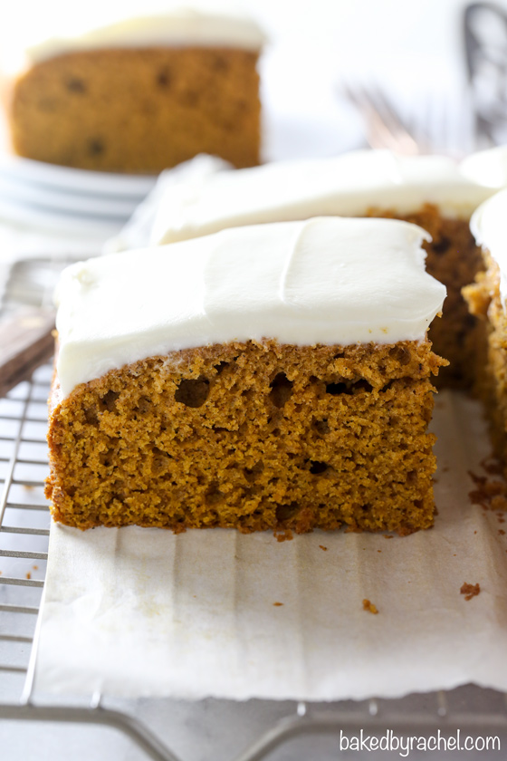 The best single layer pumpkin cake with silky cream cheese frosting recipe from @bakedbyrachel