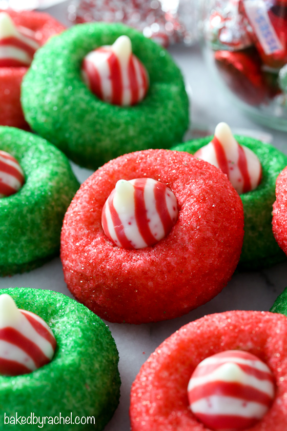 Soft and fluffy candy cane peppermint kiss cookie recipe from @bakedbyrachel A peanut-free twist on a classic cookie and a fun addition to any holiday cookie tray!