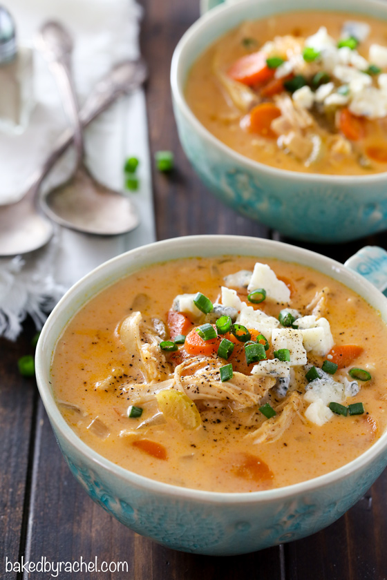 Easy slow cooker cheesy buffalo chicken soup recipe from @bakedbyrachel A flavorful and comforting meal, with a spicy kick.