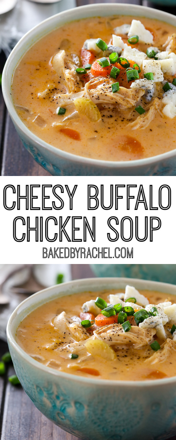 Easy slow cooker cheesy buffalo chicken soup recipe from @bakedbyrachel A flavorful and comforting meal, with a spicy kick.