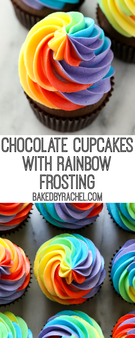 Moist homemade chocolate cupcakes with fluffy rainbow buttercream frosting recipe from @bakedbyrachel A fun and festive treat for St. Patrick's Day celebrations or any day of the year!