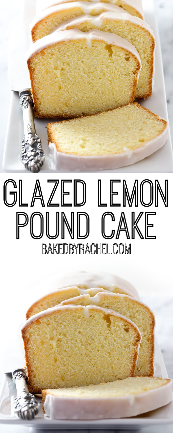 Moist homemade lemon pound cake loaf with a tart lemon glaze recipe from @bakedbyrachel. This simple treat is bursting with flavor! Enjoy for breakfast, brunch or dessert!