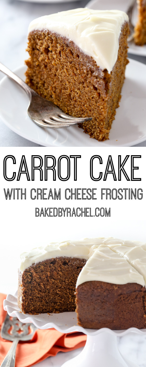 Moist homemade single layer carrot cake with cream cheese frosting recipe from @bakedbyrachel A classic spring dessert, perfect for holiday gatherings or just because!