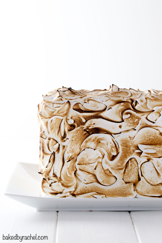 Layers of cinnamon graham cake with chocolate buttercream filling and coated in toasted marshmallow frosting.