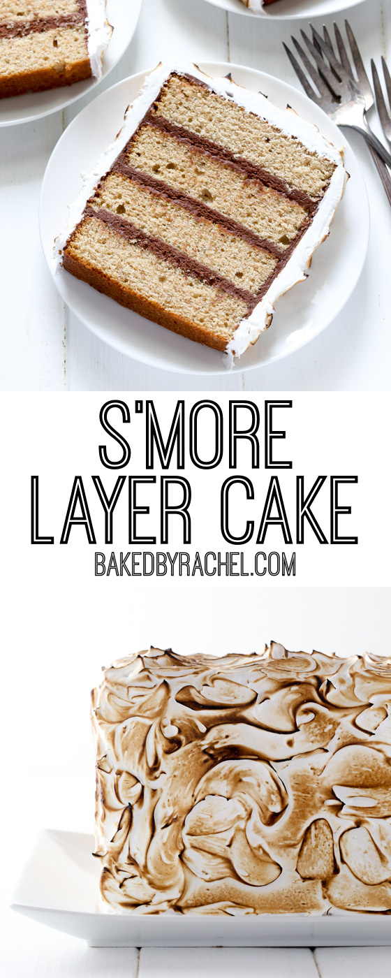 Collage image of s'more layer cake.
